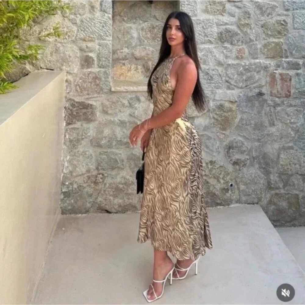 Zara Foil Animal Print Halter Midi Dress
